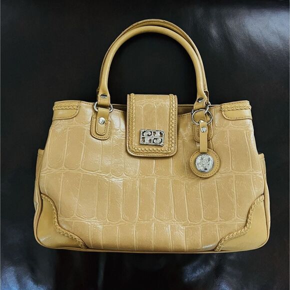 Vintage Bueno Embossed Croc Faux Leather Satchel Bag Purse Duffel Tan Camel Fob - Picture 1 of 14
